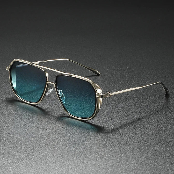 Detail shot of the durable metal frame on unisex rectangular sunglasses with scratch-resistant lenses