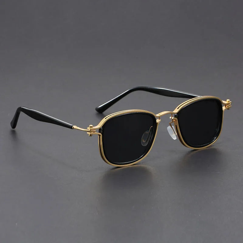 Close-up of lightweight unisex rectangular sunglasses featuring UV400 lenses, ideal for sun protection and style.