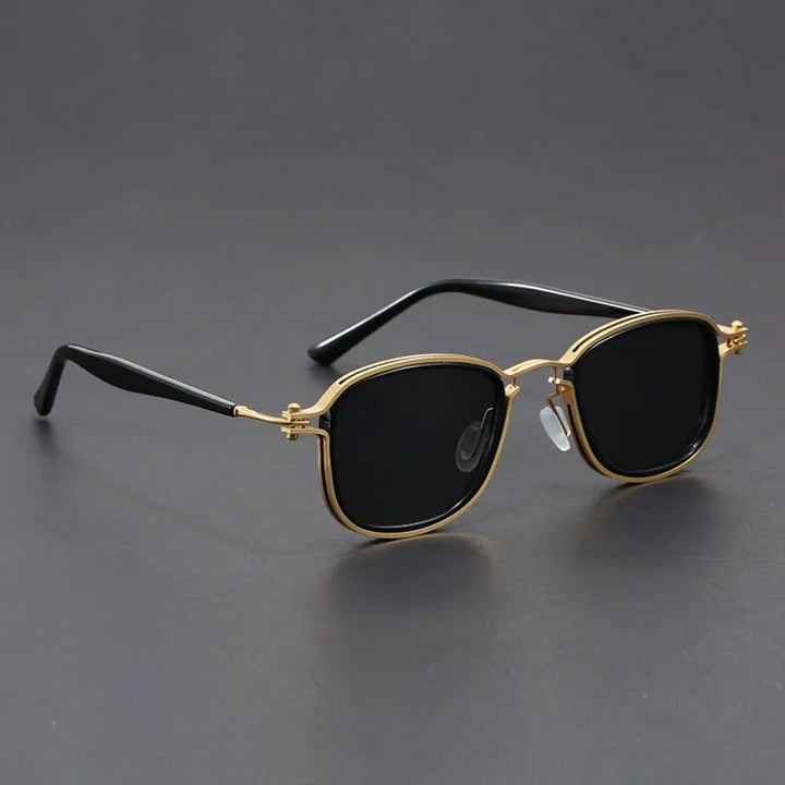 Close-up of lightweight unisex rectangular sunglasses featuring UV400 lenses, ideal for sun protection and style.