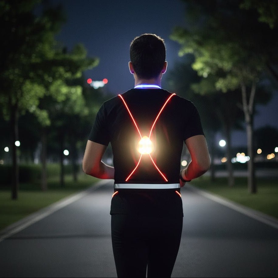 USB rechargeable LED reflective vest for runners & cyclists. Bright, high-visibility night safety gear.
