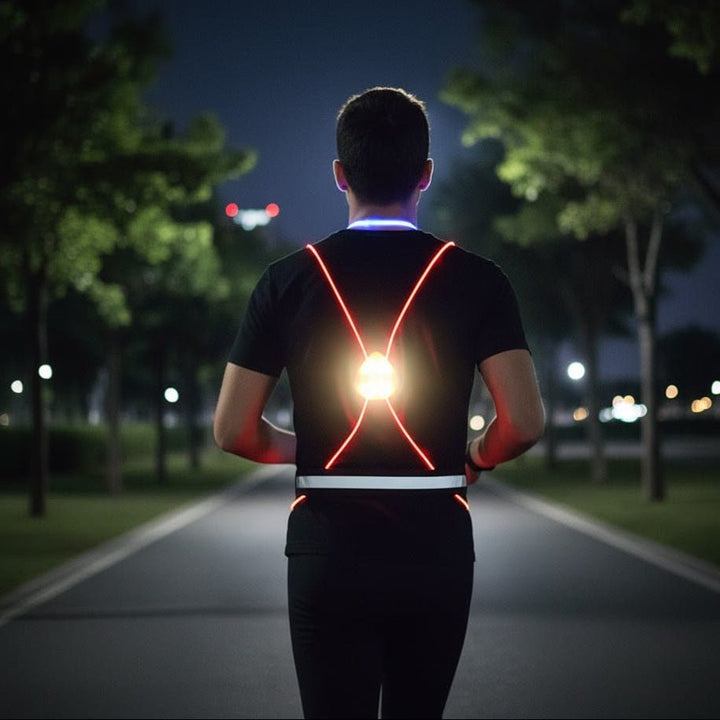 USB rechargeable LED reflective vest for runners & cyclists. Bright, high-visibility night safety gear.