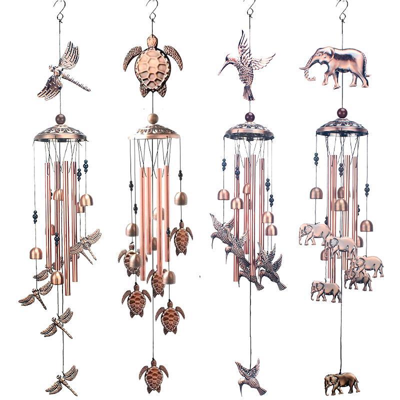 Full view of a hanging bronze animal wind chime, vintage design, suitable for any garden or balcony