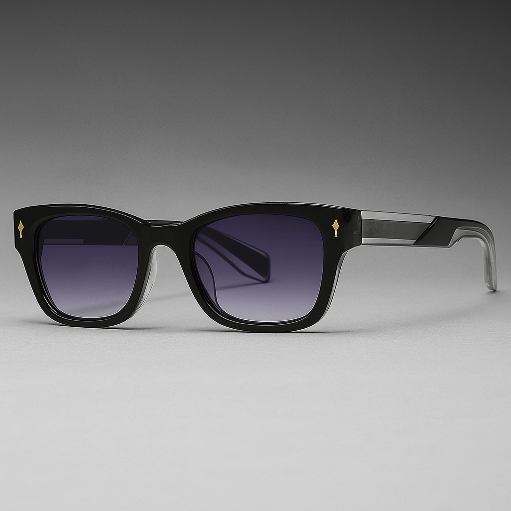 Close-up of retro cat-eye sunglasses, showcasing the black acetate frame and quality craftsmanship