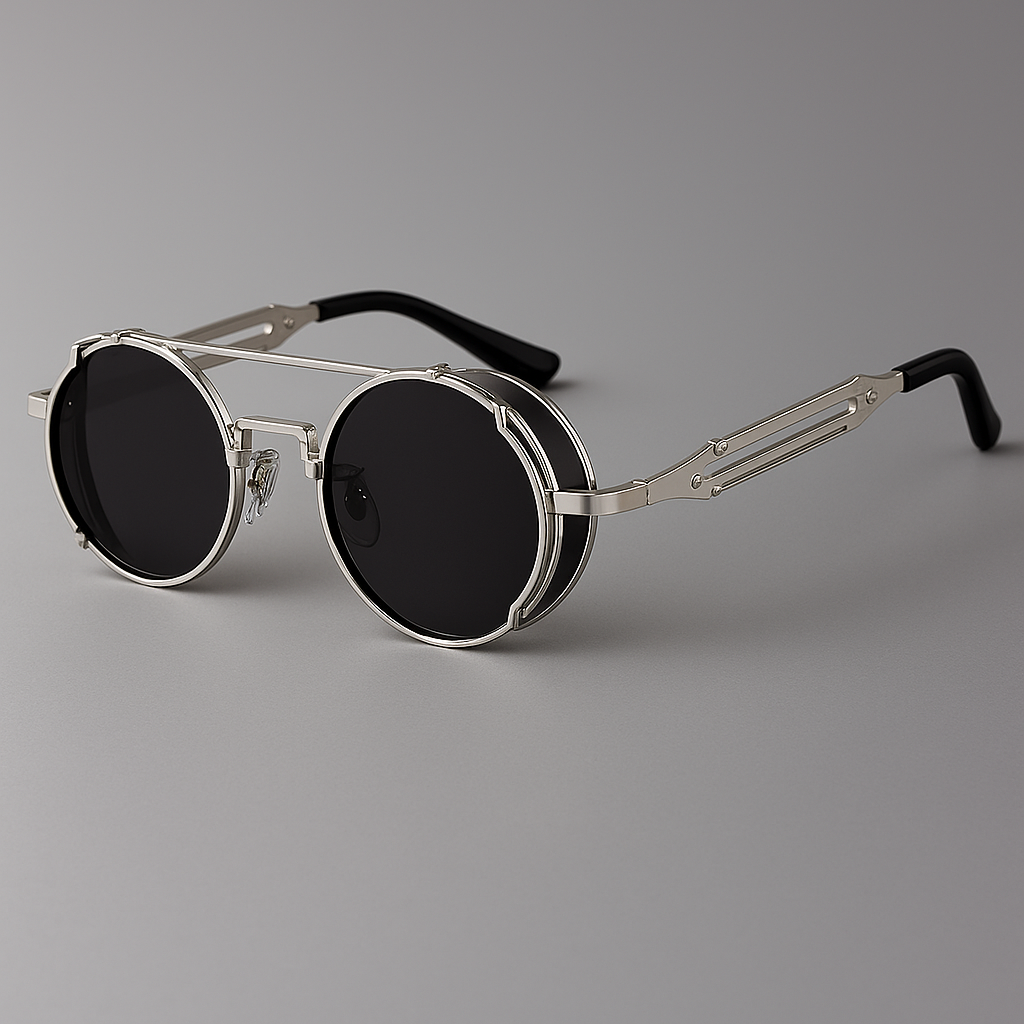 Close-up of unisex retro-modern eyewear with a distinctive shield shape and stylish metal frame for UV400.