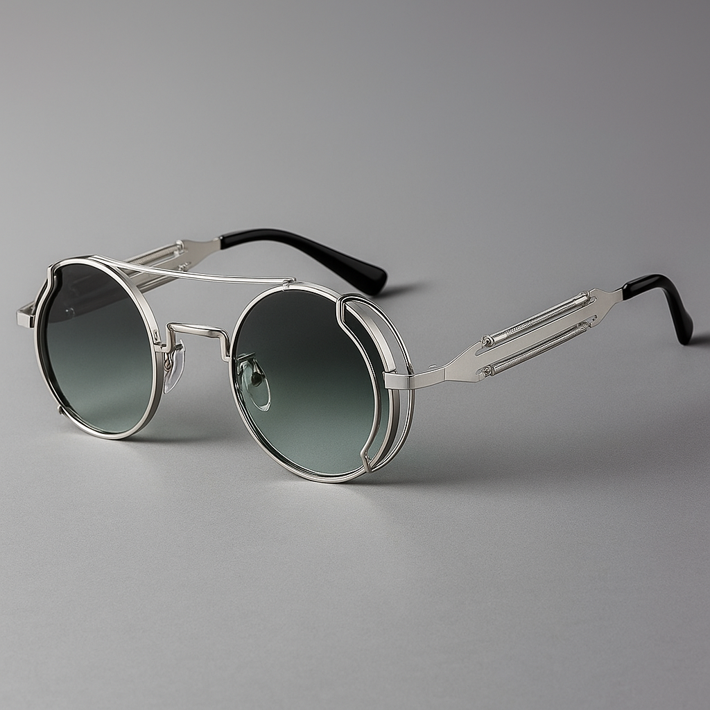 Stylish unisex retro-modern sunglasses with a protective shield, metal frame, and gradient UV400 lenses.
