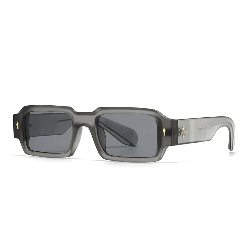 Close-up of unisex rectangular acetate sunglasses, showcasing the quality craftsmanship and retro style.