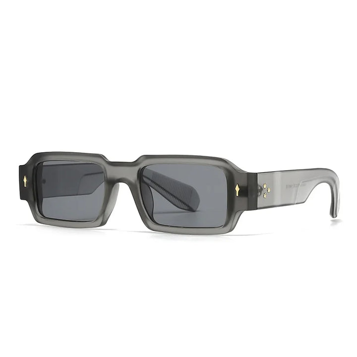 Close-up of unisex rectangular acetate sunglasses, showcasing the quality craftsmanship and retro style.
