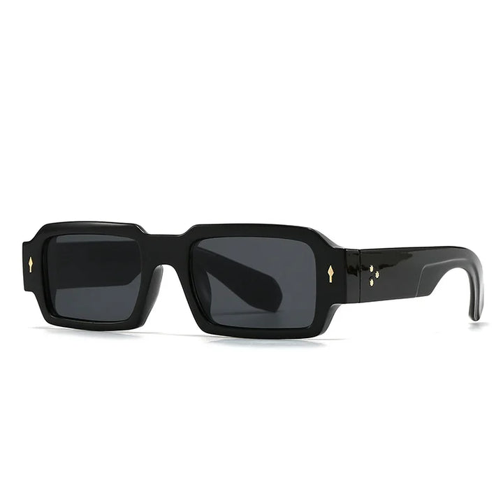 Model wearing black retro rectangular sunglasses, demonstrating their fashionable and versatile appeal.
