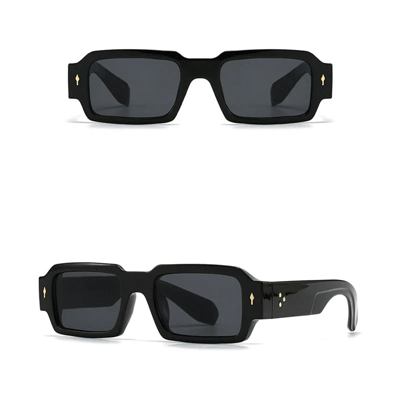 Unisex fashion sunglasses with a bold rectangular frame, embodying a cool retro aesthetic.