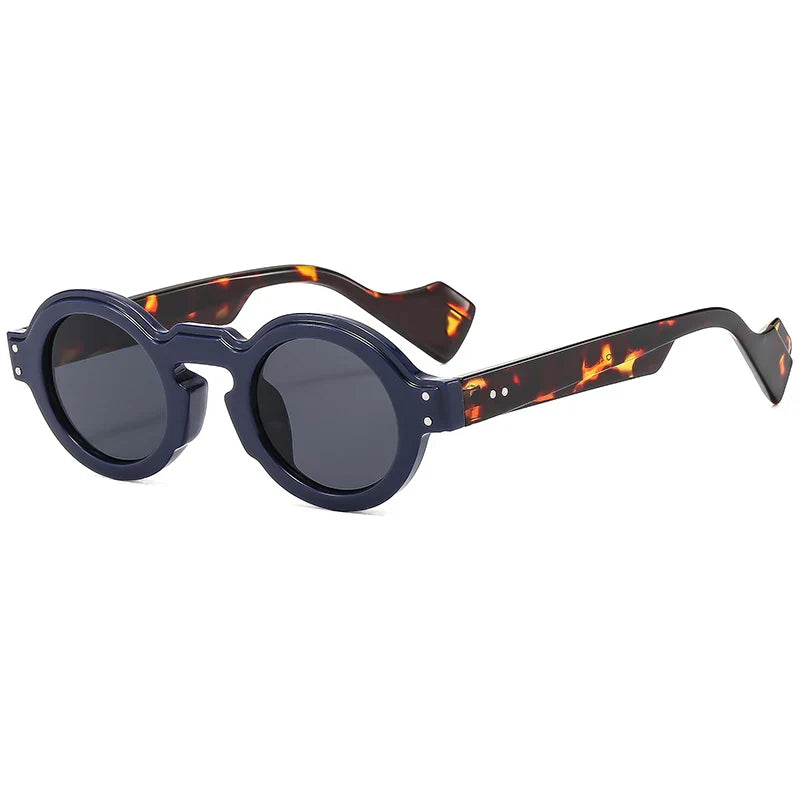 Close-up of retro round acetate sunglasses, highlighting the quality frame material and unisex appeal.