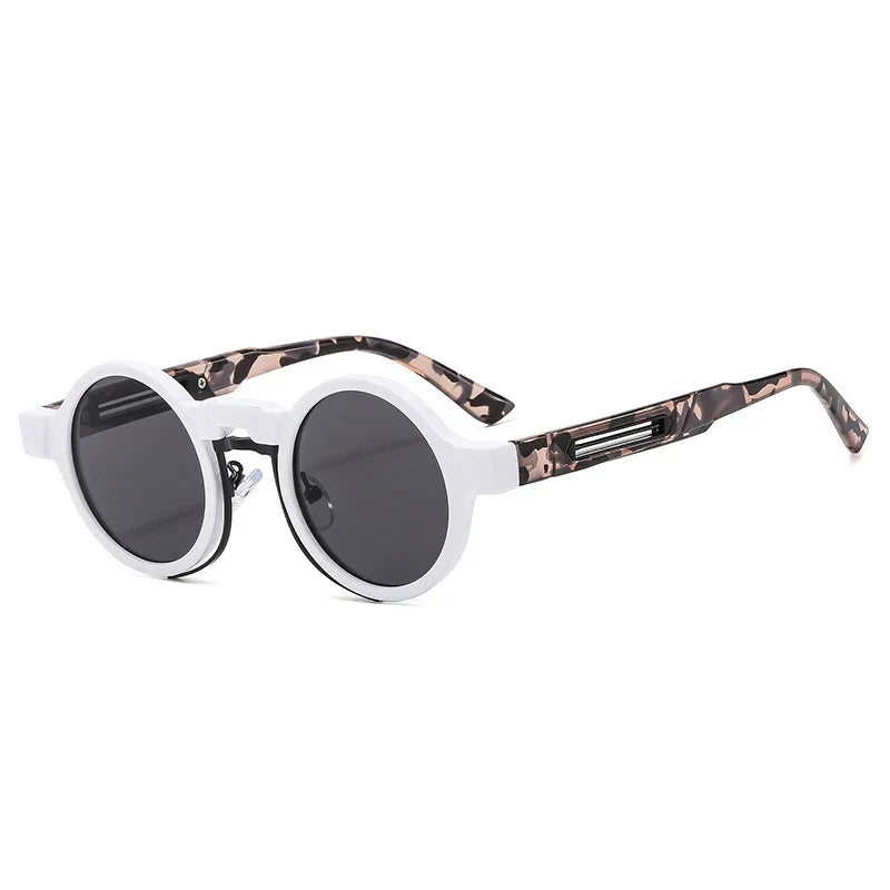 Retro round sunglasses on a model, showcasing unisex fashion accessory style