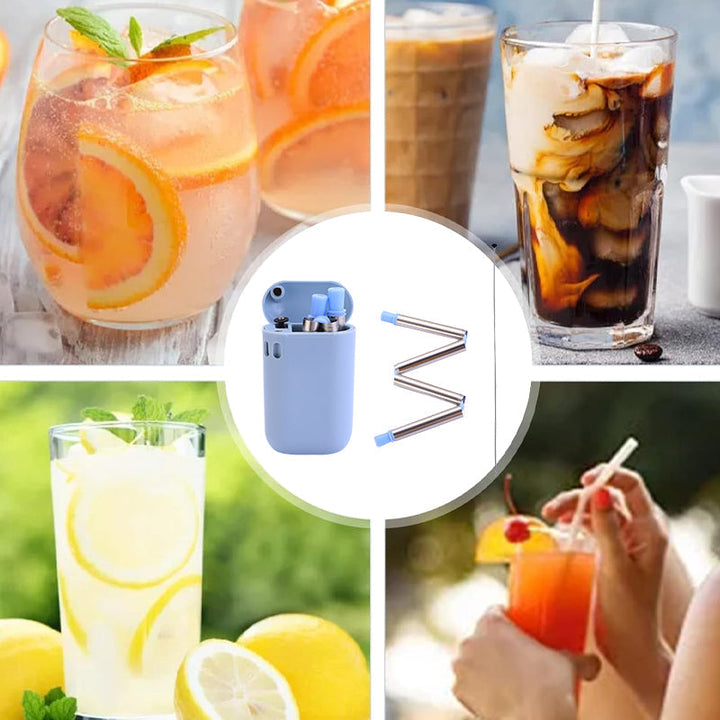 Reusable stainless steel folding straw, includes case for portable and hygienic storage, unisex.