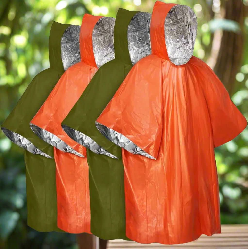 Unisex reusable waterproof rain poncho with hood for emergency outdoor protection & travel.