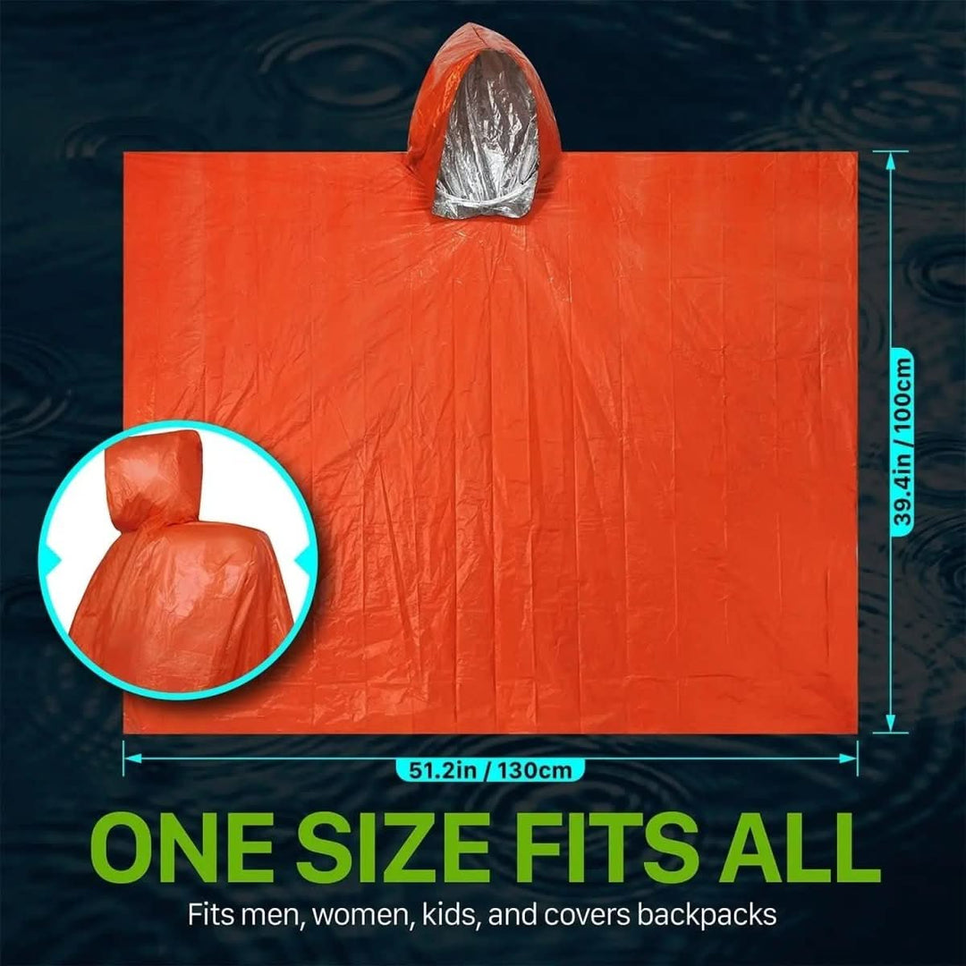 Unisex emergency rain poncho with hood, offers reliable outdoor protection & easy reusability.