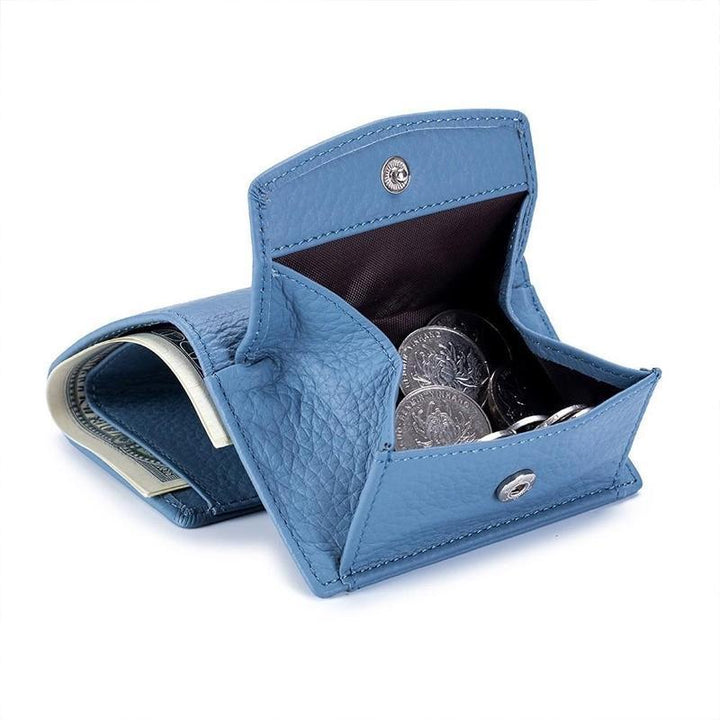 Slim RFID blocking mini wallet in blue PU leather, ideal for cards and coins