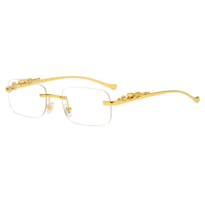 Designer-inspired unisex rimless leopard head sunglasses for superior UV400 anti-reflective eye protection.