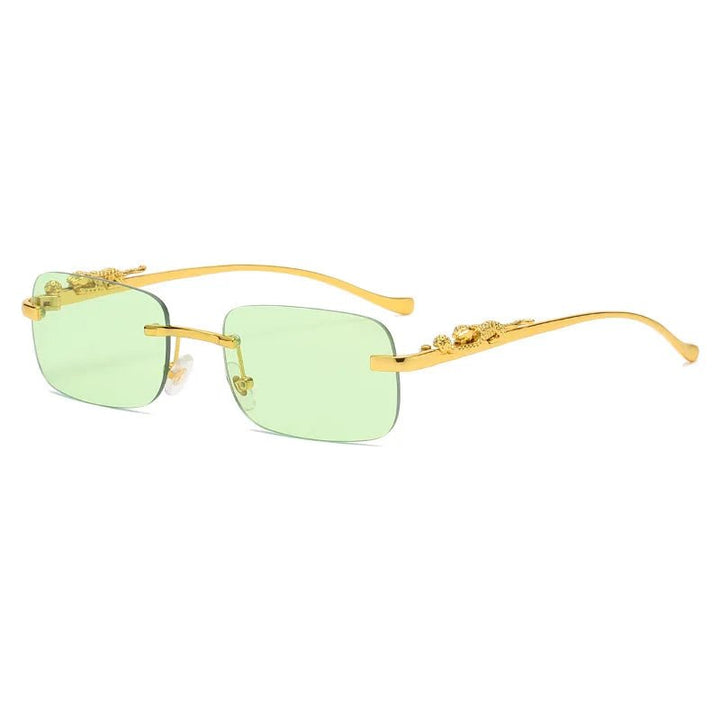Stylish and protective unisex rimless leopard head sunglasses with UV400 anti-reflective coating.
