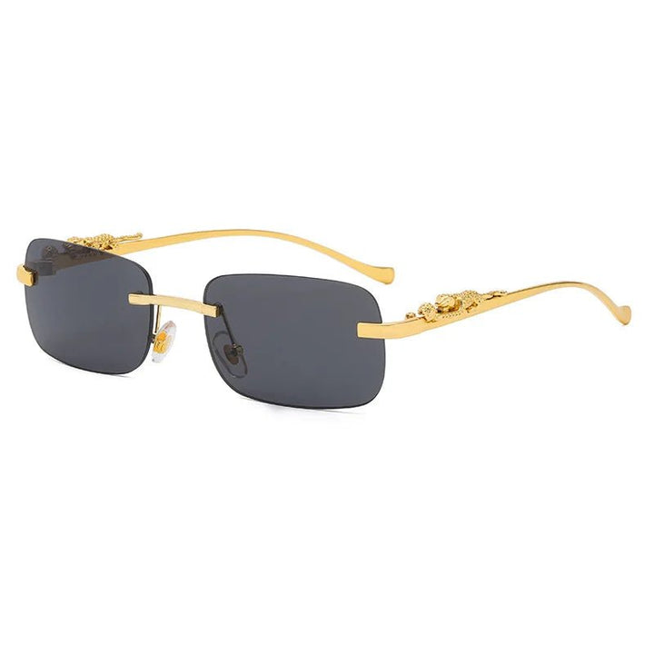 Sleek unisex rimless leopard head sunglasses, perfect for travel & fashion with UV400 eye protection.
