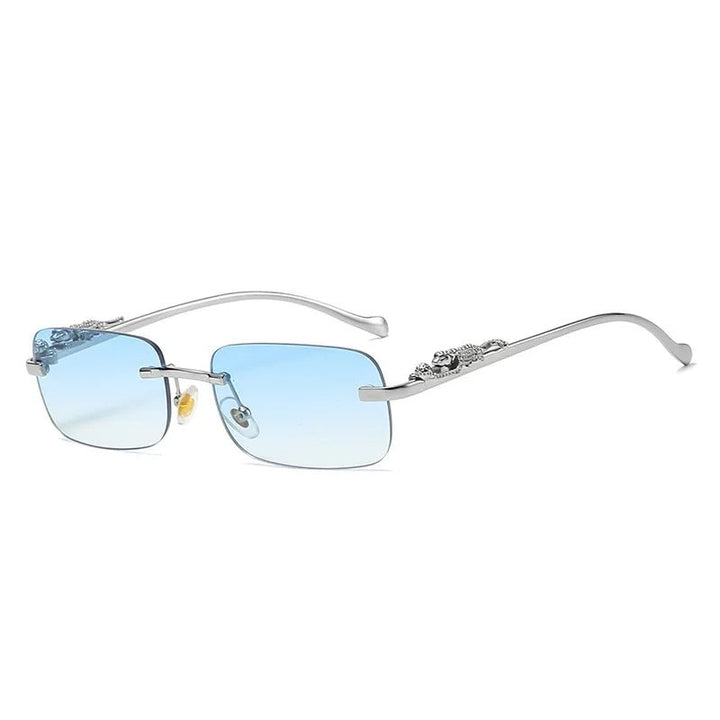Lightweight unisex rimless leopard head sunglasses with gradient UV400 lenses for comfortable outdoor wear.