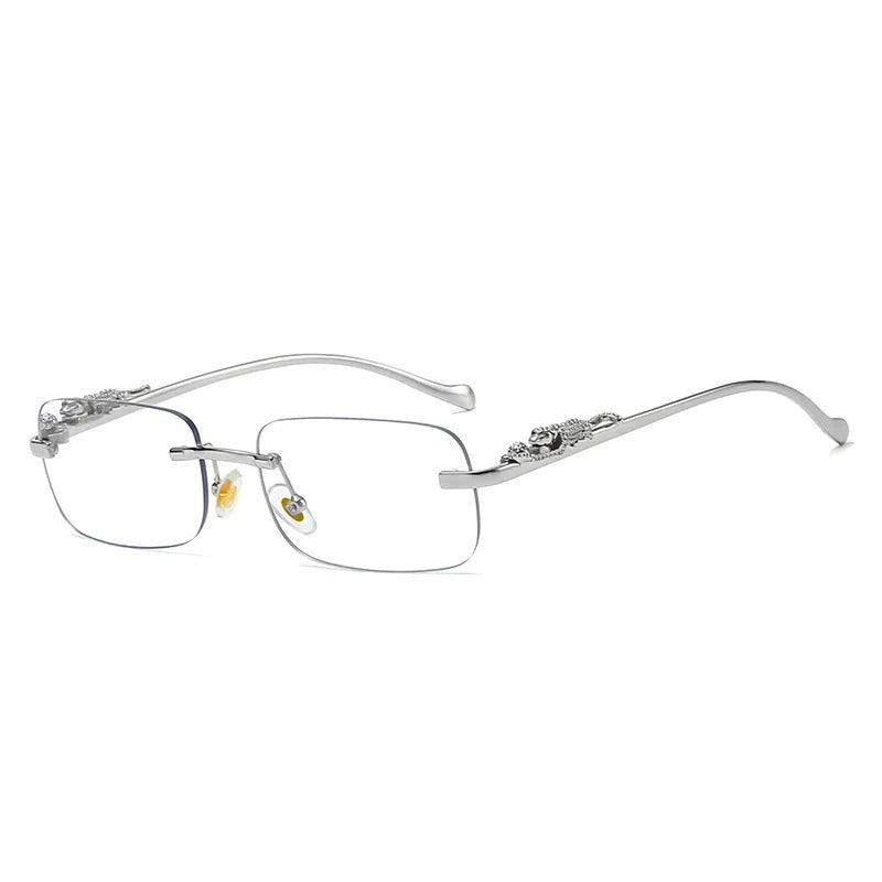 High-fashion unisex rimless leopard head sunglasses with anti-reflective UV400 gradient lenses.