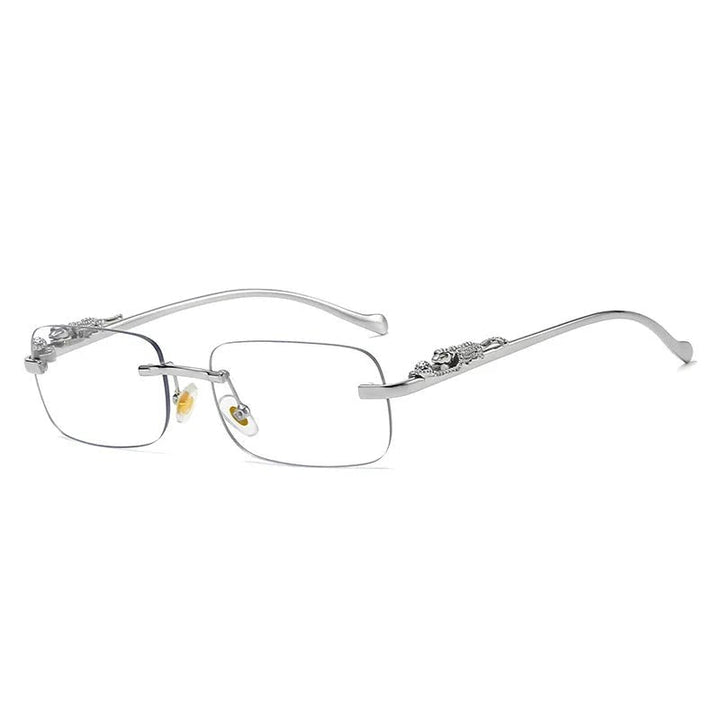 High-fashion unisex rimless leopard head sunglasses with anti-reflective UV400 gradient lenses.