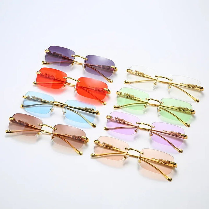 Travel-ready unisex rimless leopard head sunglasses. Gradient lenses, UV400 protection, anti-reflective.