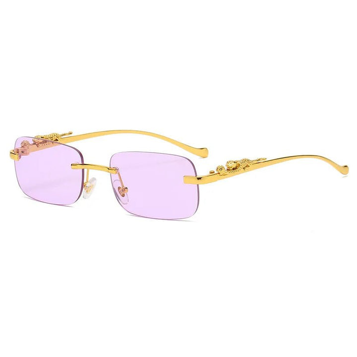 Rimless unisex sunglasses featuring unique leopard head temples, gradient lenses, and UV400 protection.