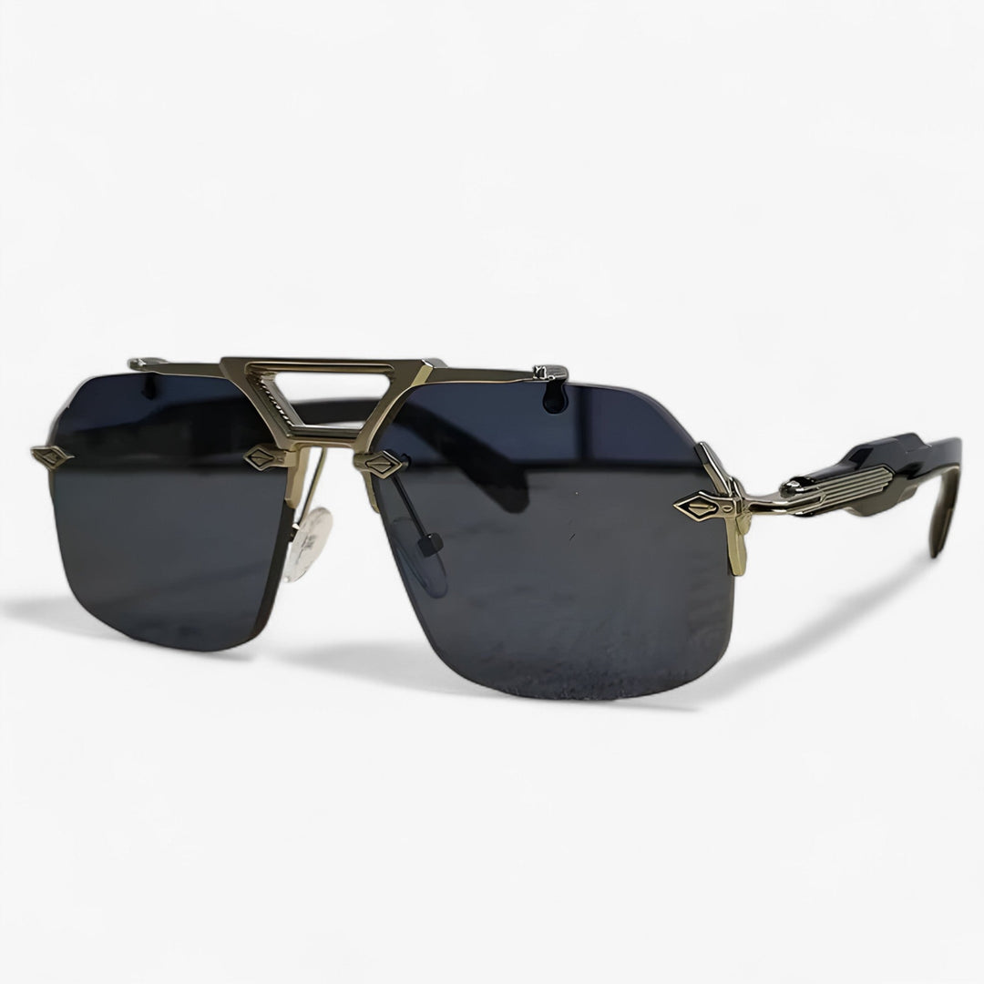 Unisex Rimless Oversized Sunglasses, gray mirrored lenses, gold metal accents. UV400 fashion eyewear.