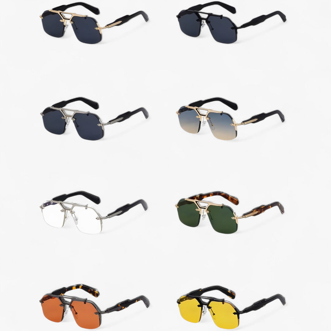 Fashion-forward oversized rimless sunglasses. Unisex design, gray mirrored lenses, and chic gold metal accents.