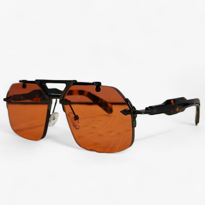 Modern unisex oversized rimless sunglasses. Gray mirrored lenses, gold metal accents, perfect for a futuristic look.