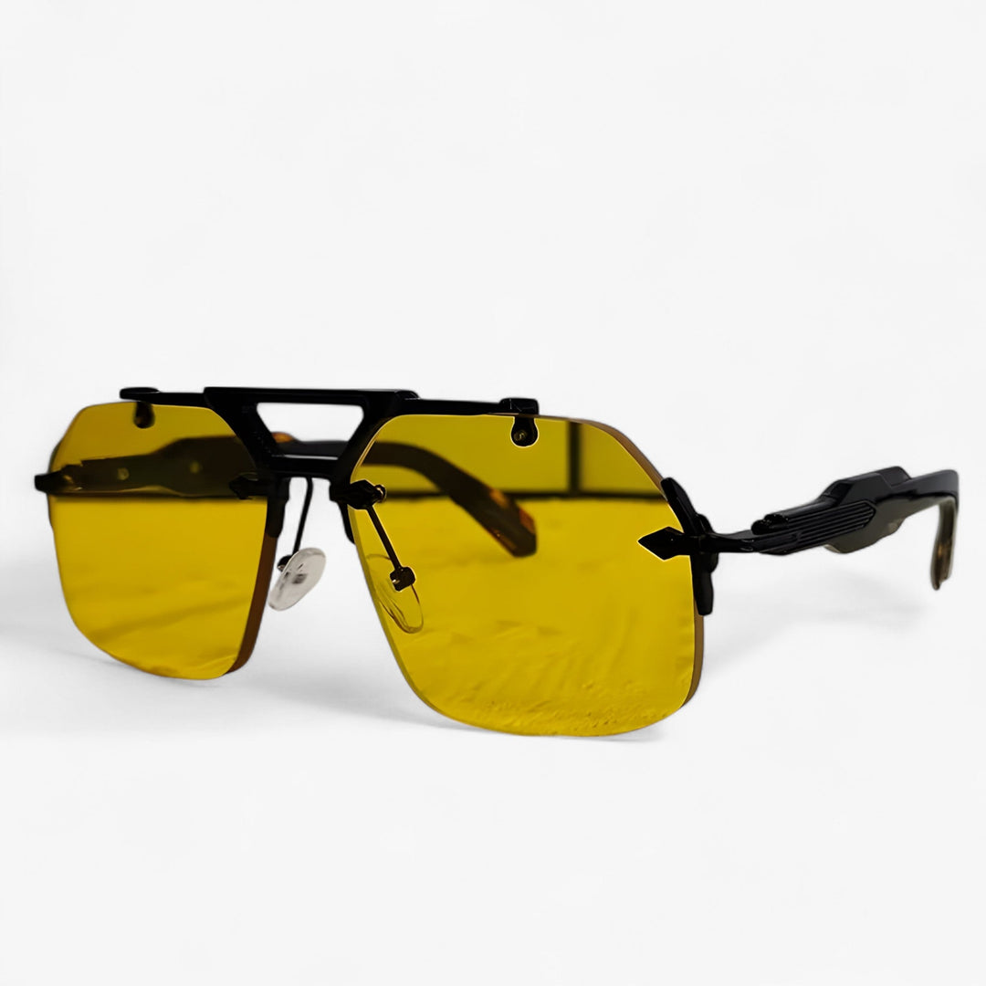 Lightweight oversized rimless sunglasses. Unisex design with gray mirrored lenses & stylish gold metal accents.