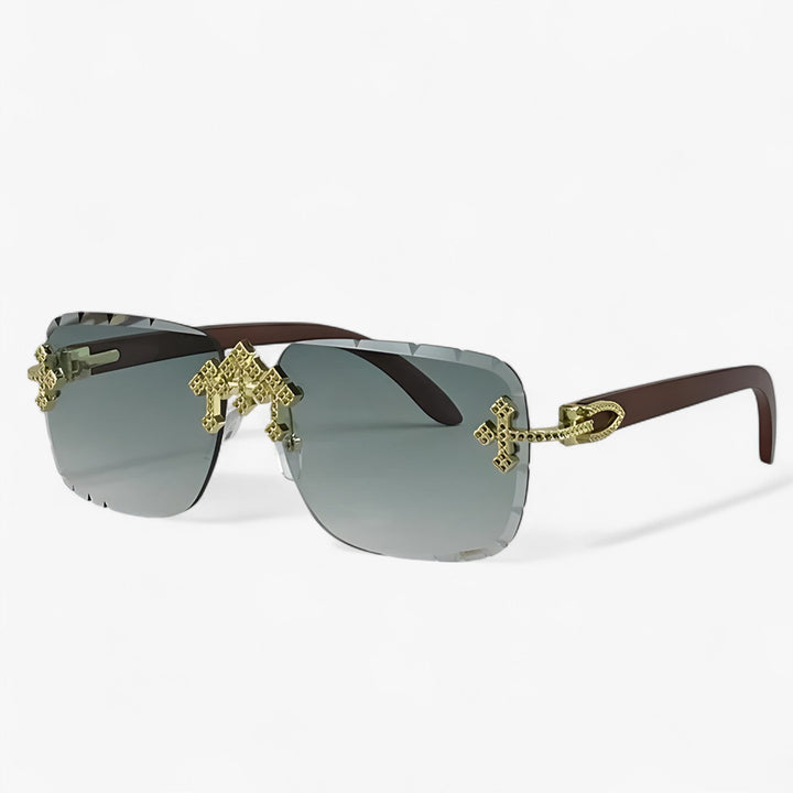 Unisex rimless steampunk sunglasses with intricate metal accents, perfect for a unique retro-futuristic fashion statement.
