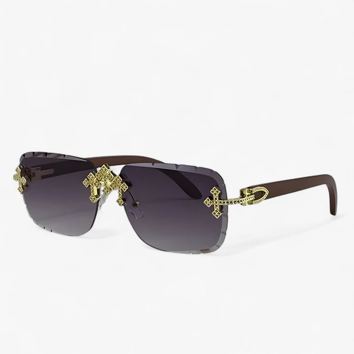 Lightweight rimless steampunk sunglasses with metallic details, offering UV400 protection & a futuristic festival look.
