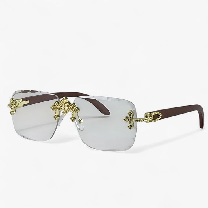 Steampunk rimless sunglasses showcasing detailed metallic accents, blending retro charm with a futuristic edge.