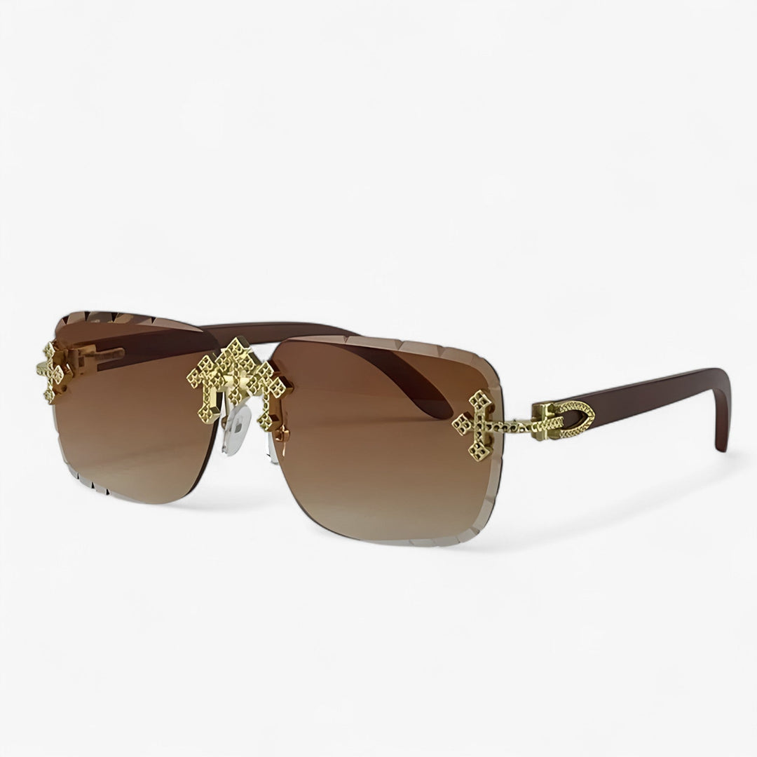 Retro-futuristic rimless steampunk sunglasses featuring striking metal accents; a must-have fashion eyewear piece.
