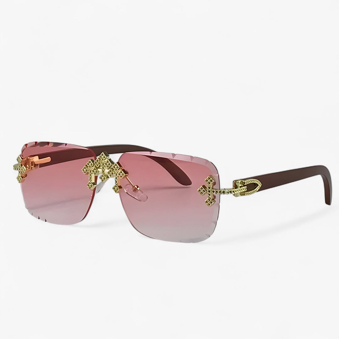 Eye-catching rimless steampunk sunglasses with polished metallic details, a unique unisex accessory for festivals.