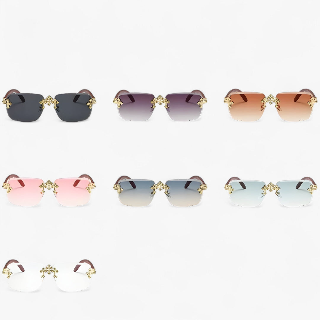 Statement-making unisex rimless steampunk sunglasses with cool metal accents; unique, lightweight fashion eyewear.