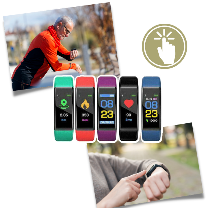 Senior-friendly health tracker smartwatch, monitors heart rate, blood pressure, and activity. Easy to use.