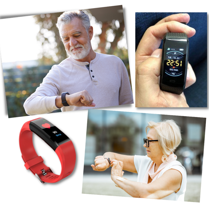 Close-up of a senior smartwatch screen showing blood pressure readings. Easy health monitoring for seniors.