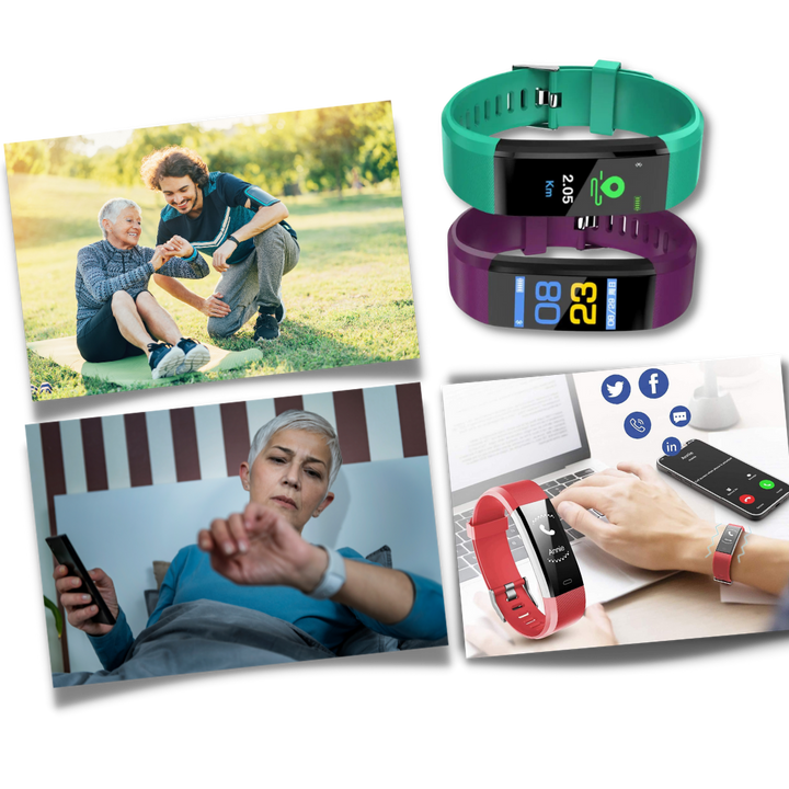 Senior smartwatch displaying activity steps. Easy-to-use fitness band & health tracker for active seniors.