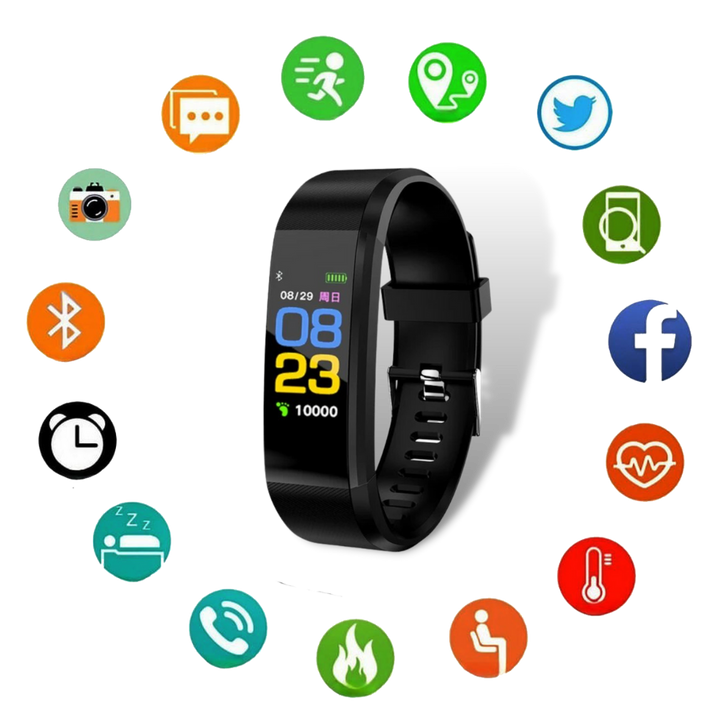Side view of a senior smartwatch, emphasizing its slim design. Unisex health & fitness monitoring device.