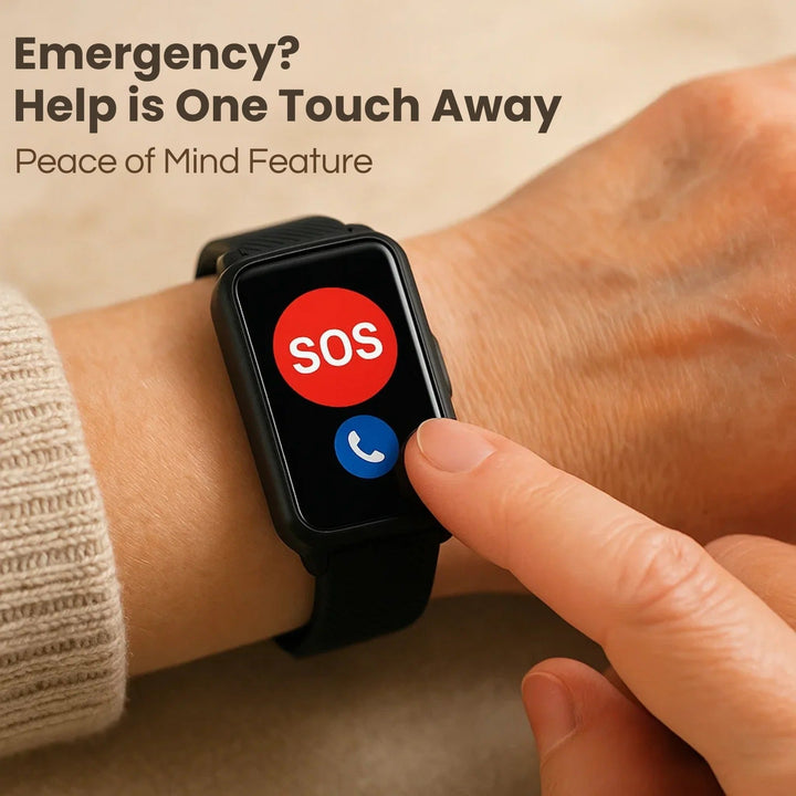 Senior smartwatch on its magnetic charging dock, ready for daily health monitoring & GPS tracking for seniors.