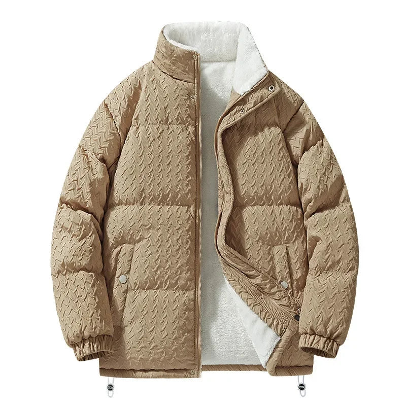 Lifestyle image of a person enjoying winter weather in their cozy Unisex Sherpa Puffer Jacket