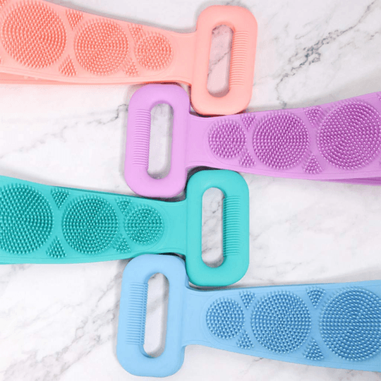 Pack of silicone back scrubbers shown in various colors, highlighting versatility