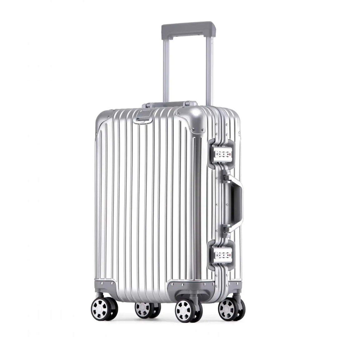 High-performance aluminum travel gear: hard shell luggage with silent spinner wheels and a secure TSA lock.