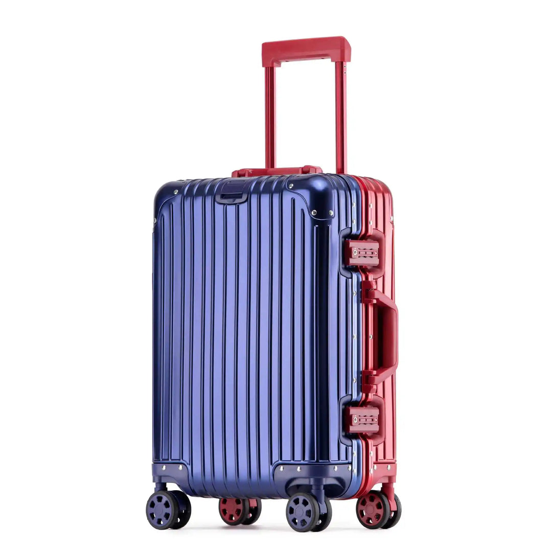 Durable unisex aluminum carry-on suitcase featuring a secure TSA lock and 360-degree spinner wheels.
