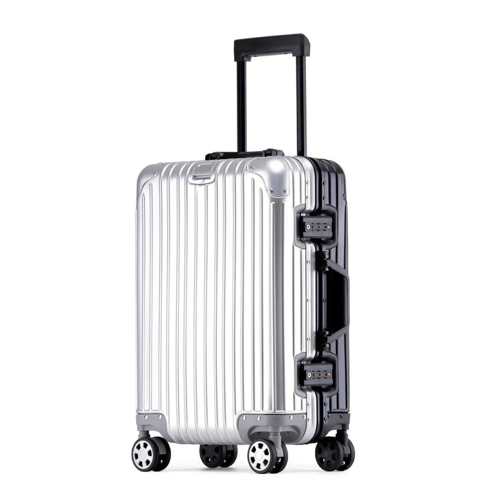 Stylish checked bag: large aluminum hard shell luggage, robust and lightweight for global travel.