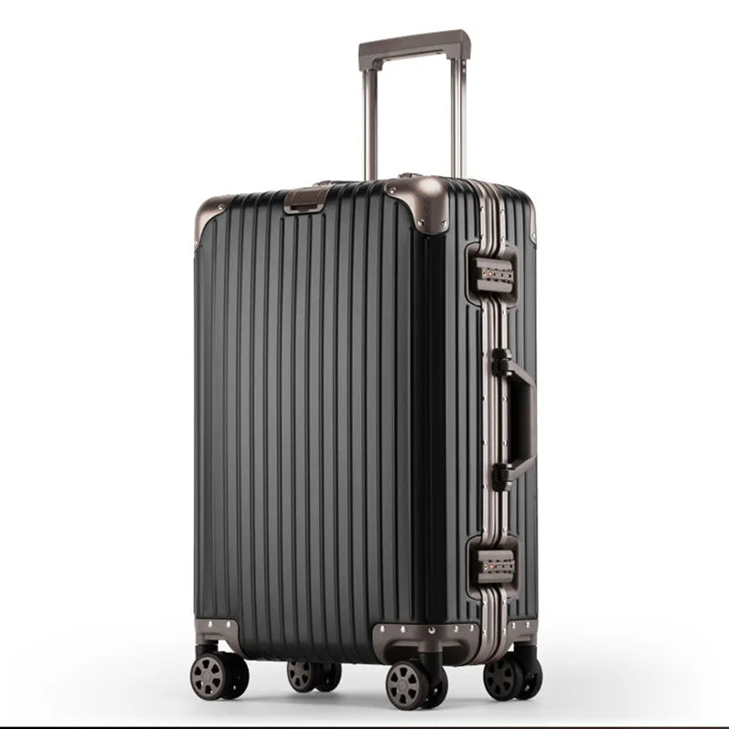 Black aluminum hard shell travel bag with integrated TSA lock and silent multi-directional spinner wheels.