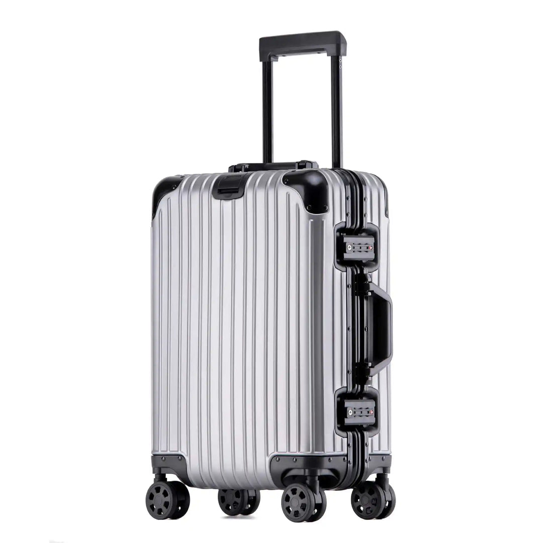 Premium unisex aluminum luggage for long trips, offering extreme durability and easy maneuverability.