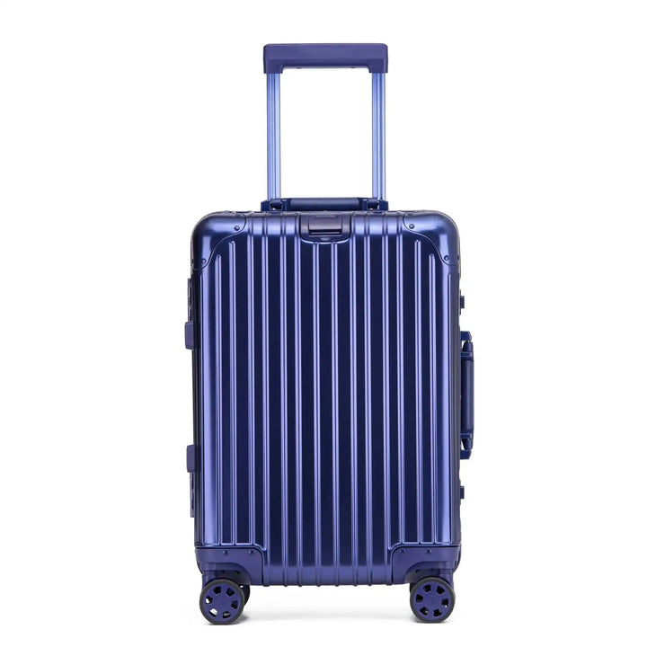 Sleek silver aluminum suitcase, a strong hard shell travel bag perfect for modern adventurers.